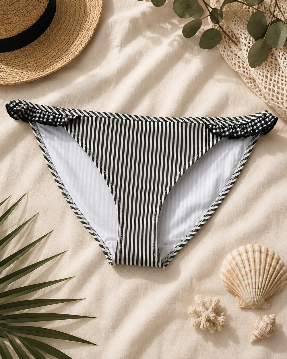 NWT Aerie Women's Seersucker Striped Ruffle Bikini Bottom Gray/White Size L